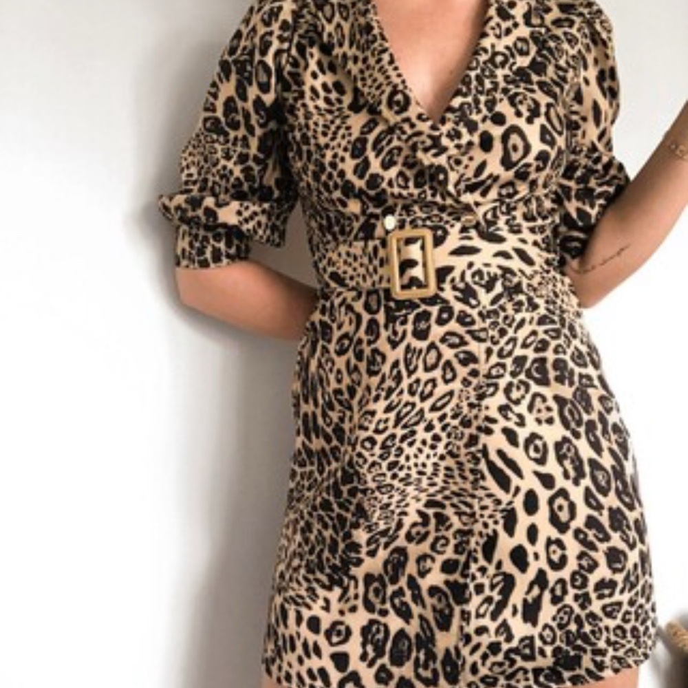 NWT Saint Genies Leopard Print Blazer Dress Puff Sleeves - Size 16 0133